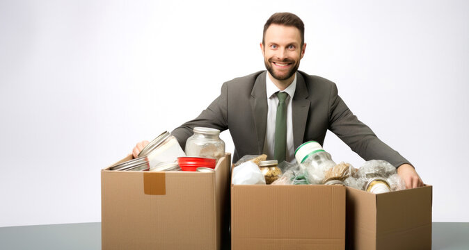 Businessman with a cardboard box full of waste isolated on white background