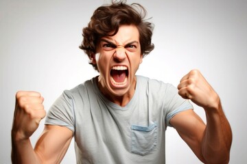 Portrait of angry young man screaming and clenching fists on gray background