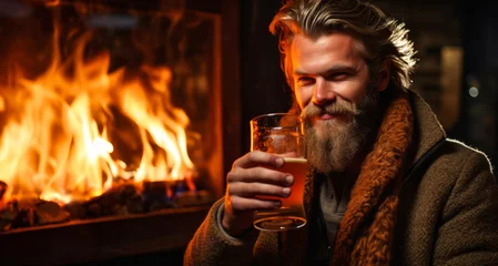 Fotobehang Handsome bearded man drinking beer in front of the fireplace. © YannTouvay