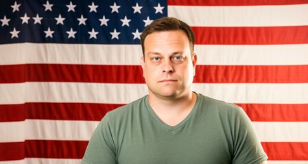 Portrait of a man on the background of the American flag.