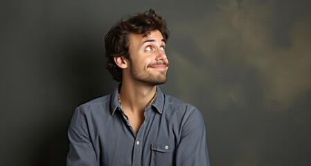 Obraz premium Portrait of a handsome young man in a blue shirt on a dark background