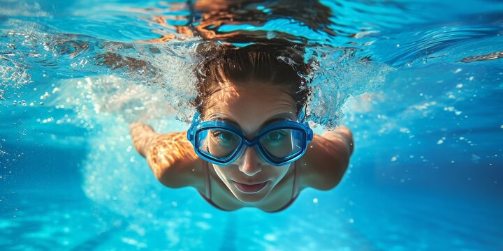 Female swimmer at the swimming pool.Underwater