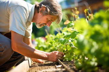 Fototapeta premium Senior man working in the garden on a sunny day (shallow DOF; color toned image)