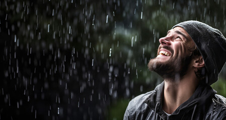 Portrait of a young man in the rain on a rainy day