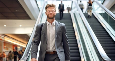 Portrait of a young businessman on an escalator in an office building