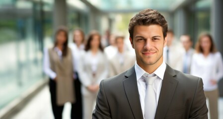 Portrait of a smiling young businessman standing in front of his colleagues