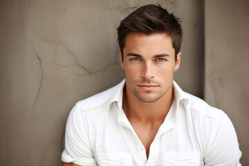 Obraz premium Portrait of a handsome young man in white shirt leaning against wall
