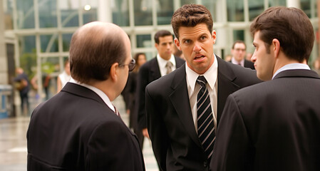 Group of business people in a meeting in front of the office building