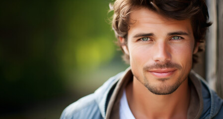 Fototapeta premium Portrait of a handsome young man smiling at the camera outdoors.