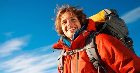 Obraz premium Young woman with a backpack on the background of the blue sky.