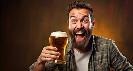 young funny man with a beard on a grunge background drinking beer
