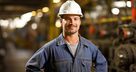 portrait of a young man in a hard hat in a factory