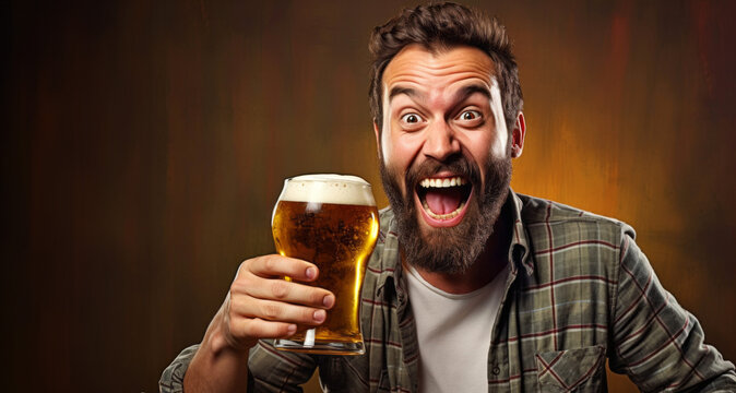 young funny man with a beard on a grunge background drinking beer