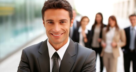 Portrait of a smiling businessman standing in front of his colleagues.