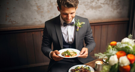 Handsome young man in a tuxedo sitting in a restaurant with a plate of salad