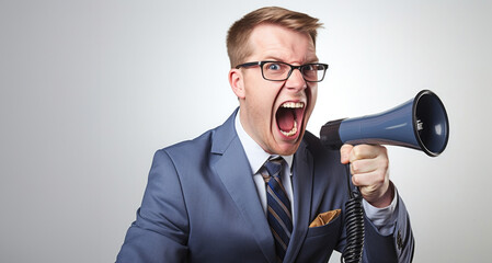 Naklejka premium Angry young businessman screaming through a megaphone on grey background