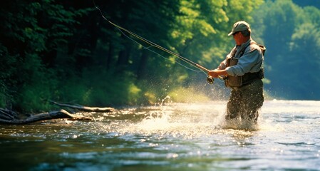 Fisherman fishing on the river with a spinning rod in summer