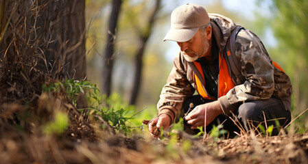 Elderly man horticulturist pruning plants in forest - obrazy, fototapety, plakaty
