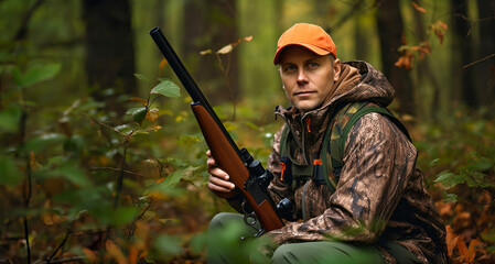 Man hunter with a gun in the autumn forest. Hunting season.