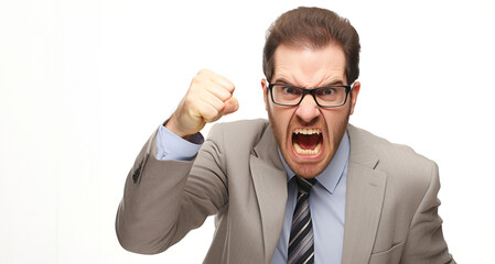 Angry business man screaming in anger, isolated on white background.