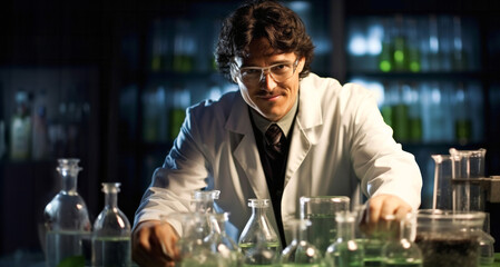Young scientist working in a laboratory. He is carrying out scientific research. - obrazy, fototapety, plakaty