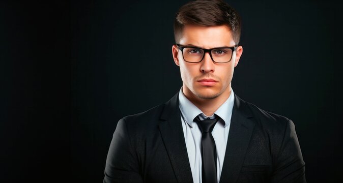 Portrait of a handsome young man wearing glasses on black background.
