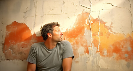 Young man painting wall with orange and white paint in a new apartment
