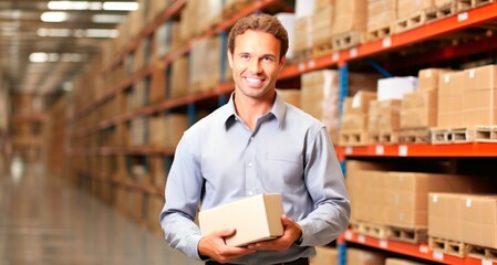 Portrait of a smiling male warehouse worker holding a box in a warehouse