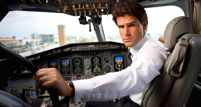 Portrait of a handsome young pilot in the cockpit of a plane
