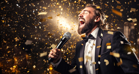 Handsome man singing in a nightclub with confetti and lights