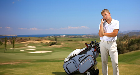 Golfer talking on the phone and holding golf bag on golf course