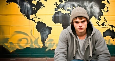Portrait of a young man in a hoodie against a yellow wall