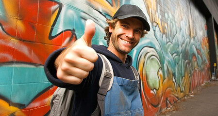Portrait of a smiling male worker showing thumbs up in front of graffiti wall