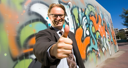 Businessman with thumb up in front of graffiti wall in a urban environment