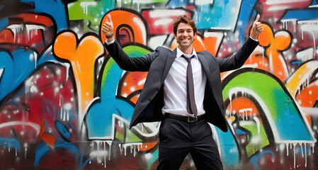 Portrait of a young businessman with thumbs up against colourful graffiti background