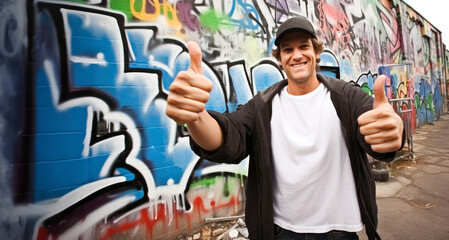 Young man with thumbs up in front of a graffiti wall. Urban lifestyle.