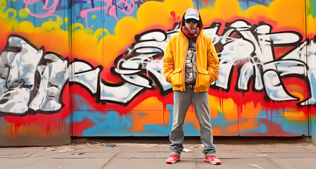 Young african american man in hoodie and sunglasses against graffiti wall
