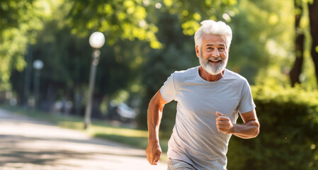 senior man jogging in park on summer day and showing thumbs up