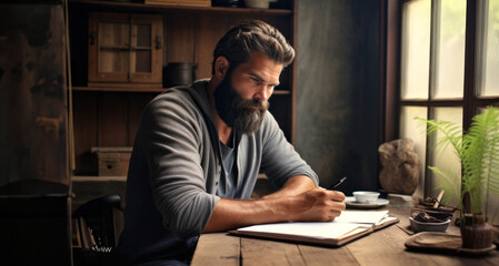 Obraz premium Bearded man writing in a notebook while sitting at a wooden table
