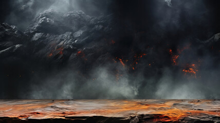 Volcanic Stone Texture with Fiery Lava Veins and Smoke on Dark Background for High Quality Design