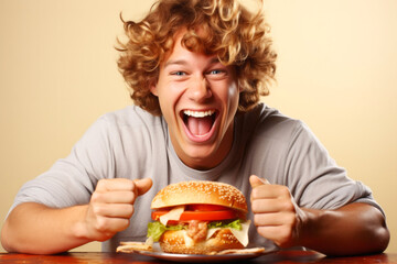 Young man eating a hamburger and showing thumbs up, on beige background