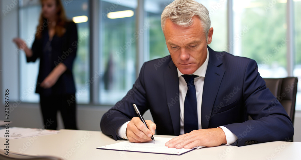 Wall mural Mature businessman signing a document in the office with his female colleague in the background