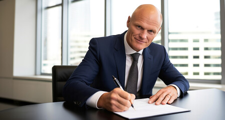 Fototapeta premium Portrait of confident mature businessman sitting at his desk and signing contract