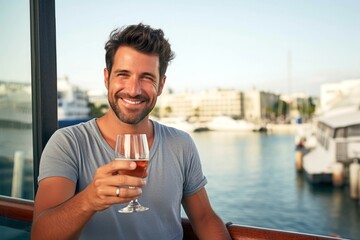 Portrait of a handsome young man with a glass of wine on the deck of a cruise ship