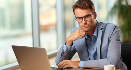 Portrait of a pensive businessman working on laptop computer in office