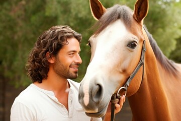 Portrait of a handsome young man with his horse in the countryside
