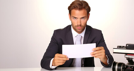 Handsome young man sitting at the desk and holding a blank card