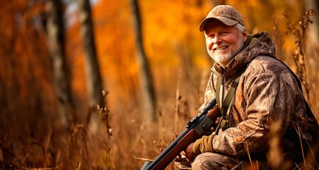 Hunter in the autumn forest with a hunting rifle. Selective focus.