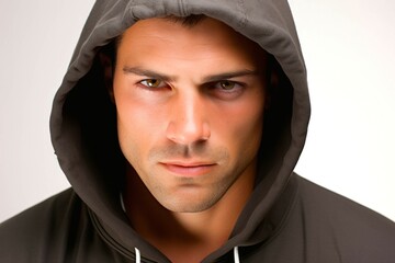 Portrait of a young man in a hoodie on a white background