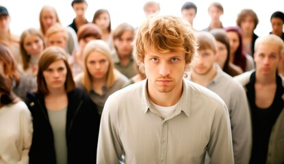 Portrait of a young man in front of a group of people